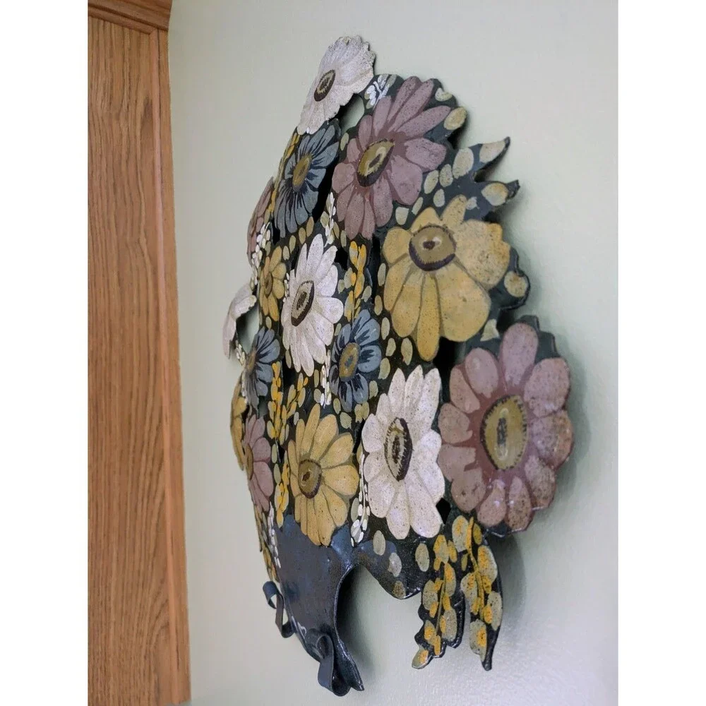 Vintage MCM Metal Enamel Toleware Tole Flower Floral Wall Hanging Cottagecore